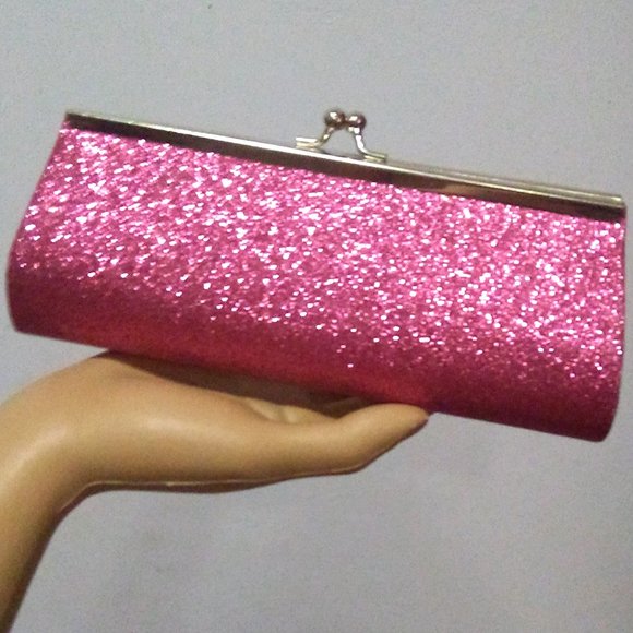 Rose Pink Sparkling Metal Frame Glitter Evening Bag-Wristlet Night Purse Handbag - Picture 3 of 4
